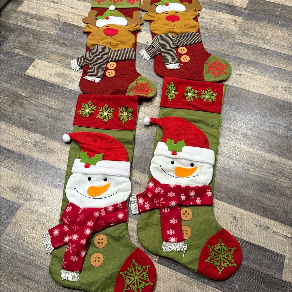 Festive Homemade Christmas Stockings with Snowman and Reindeer- set of 4